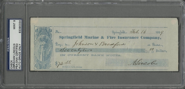 1859 Abraham Lincoln Signed Check (PSA/DNA Mint 9)